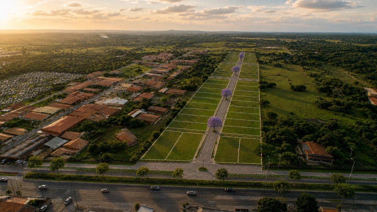 Vista aérea do loteamento ao fim da tarde: a alameda central arborizada com árvores em flor, os lotes demarcados dos dois lados e o bairro já construído ao lado
